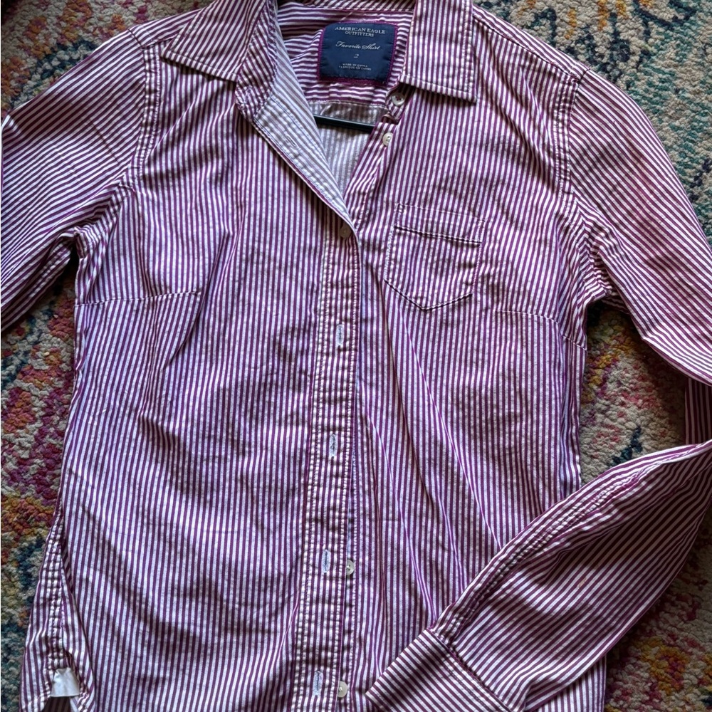 American Eagle Favorite Shirt Size 2 Purple Striped Button Down 100% Cotton